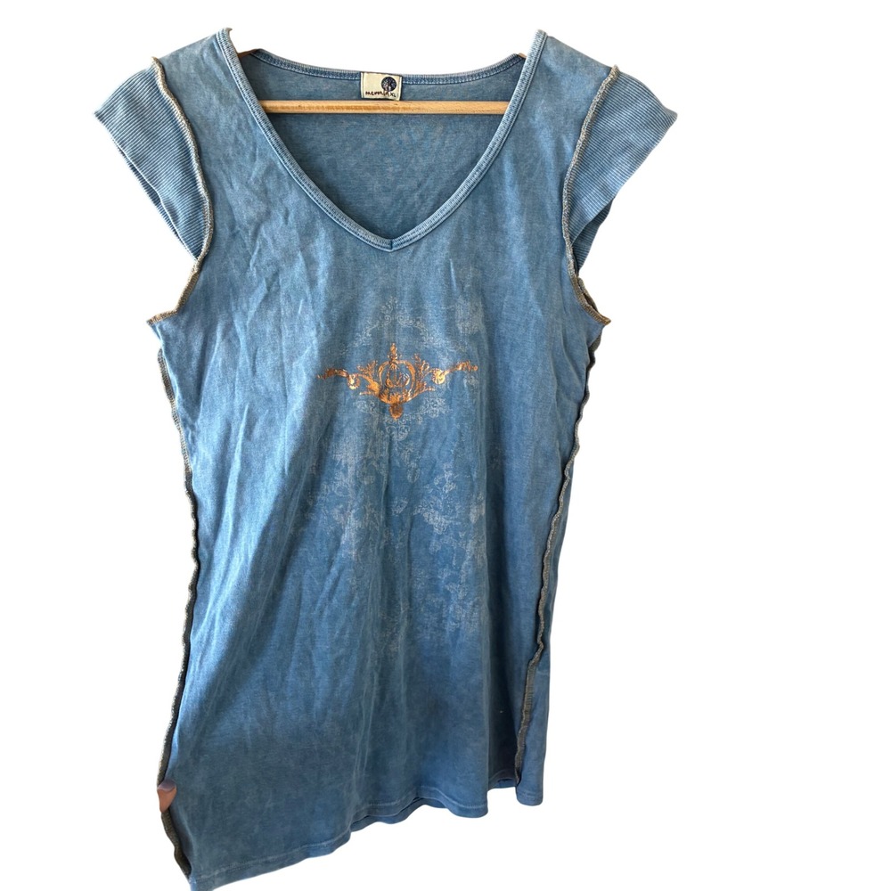 One World Cap Sleeve Ribbed Top Womens XL Dusty Blue Mineral Wash Y2K Gorpcore